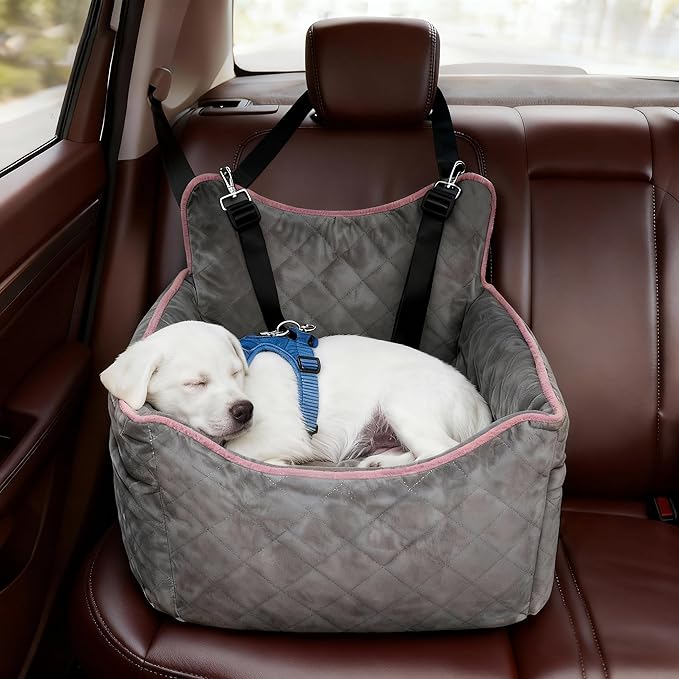 Dog Car Seat for Medium Sized Dogs 30 lbs, Safety Dog Booster Seat for Small Dogs with Secure Safe Buckles & Clip-On Leash, Soft Waterproof Washable Travel Doggy Car Seat with Storage Pockets(Gray)