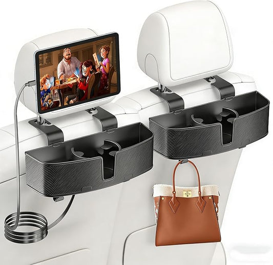 MAGJIEYX Car Headrest Cup Holder for Back Seat Organizer for Retractable Charging Cables Multi- Hanging Snack Storage Box with Strong Hooks for Kids & Fast Charging for Travel 2 Pack