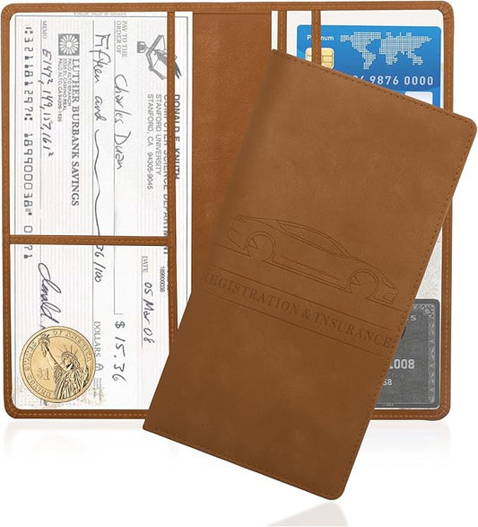 Car Registration and Insurance Holder,PU Leather Car Glove Box Organizer Car Document Holder for ID,Driver's License,Universal Car Organizer Car Accessories for Women/Men(Brown)