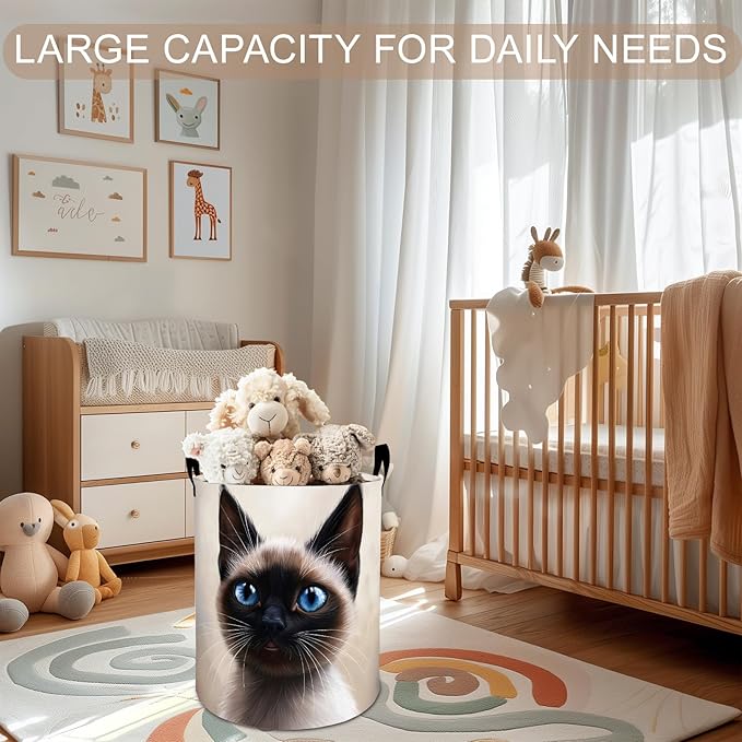 Siamese Cat Laundry Basket Hamper 19.7"x15.8", Cute Kitty Foldable Waterproof Oxford Clothes Storage Bucket for Room Bathroom Bedroom Nursery Decor, Toy Organizer Bins Gifts for Kids Boys Girls