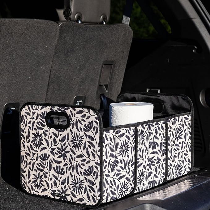 Steel Mill & Co Car Storage Bin, Car Accessories for Women, Cute Diaper Caddy/Trash/Grocery Tote for Vehicle, Trunk Organizer with Compartments, Hand Drawn Black Floral