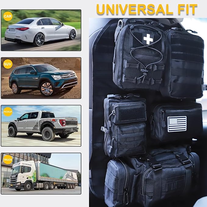 Universal Tactical Car Seat Back Organizer Bag Tactical Molle Vehicle Organizers Panel Vehicle Protector Organizers with 5 Detachable Pouches for Car (Upgraded B black)