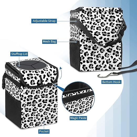 Black and Grey Leopard Trash Can with Lid - Collapsible Reusable Waterproof Garage Bag, Automotive Garbage Can, Car Accessories Interior Organizer