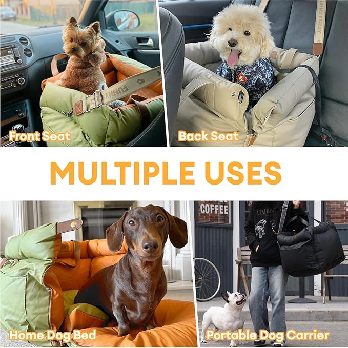 FUNNYFUZZY Leather Dog Car Seat for Small ＆ Medium Sized Dogs Up to 35lbs, Waterproof and Washable Dog Booster Seat Car Bed for Travel and Home,Portable and Safety(Green)