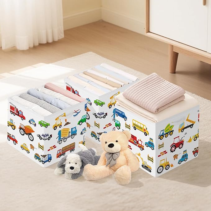 Clastyle Cars Storage Cube Organizer Set Handle Closet Clothes Cube with Metal Frame Foldable Parents Organizer Storage Basket for Book Toy,Cartoon Truck,11.8x11.8x11.8 in