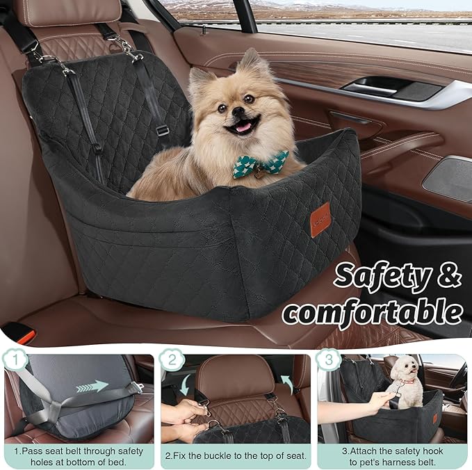 Lealchum Dog Car Seat for Medium Dogs Up to 40lbs,Fully Detachable and Washable,Memory Foam Covered Soft Fabric,Easy to Install with Adjustable Straps,Anti-Slip Base,Two Side Pockets(Black,Medium)