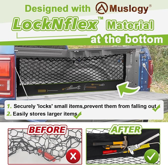 Muslogy Truck Bed Cargo Net Trunk Netting Compatible with Chevrolet Colorado & GMC Canyon 2026 2025 2024 2023 Accessories, Pickup Cargo Organizer SUV Sedan Storage Net w/Heavy Duty Carabiners