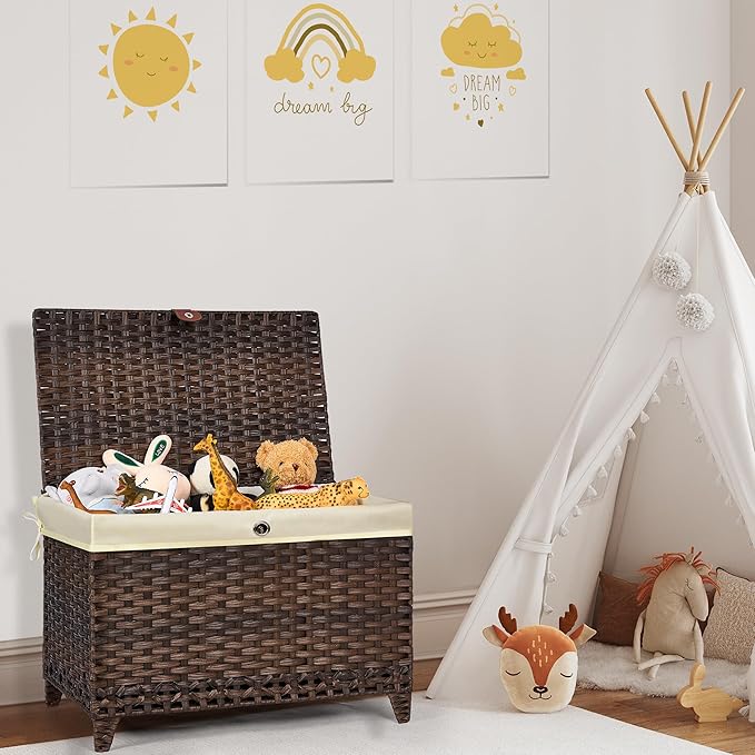 Honjourai Wicker Storage Basket with Lid,Rattan Shelf Basket with Removable Liner Bag,160L Storage Bin,Storage Trunk with Heightened Feet,Storage Container for Wardrobe,Home Organizer