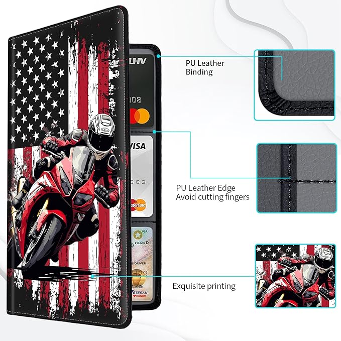 Car Registration and Insurance Card Holder, Vehicle License Documents Glove Box Compartment Organizer Wallet, ID Card Holder for Car Essentials Automobile, American Flag Motorcycle