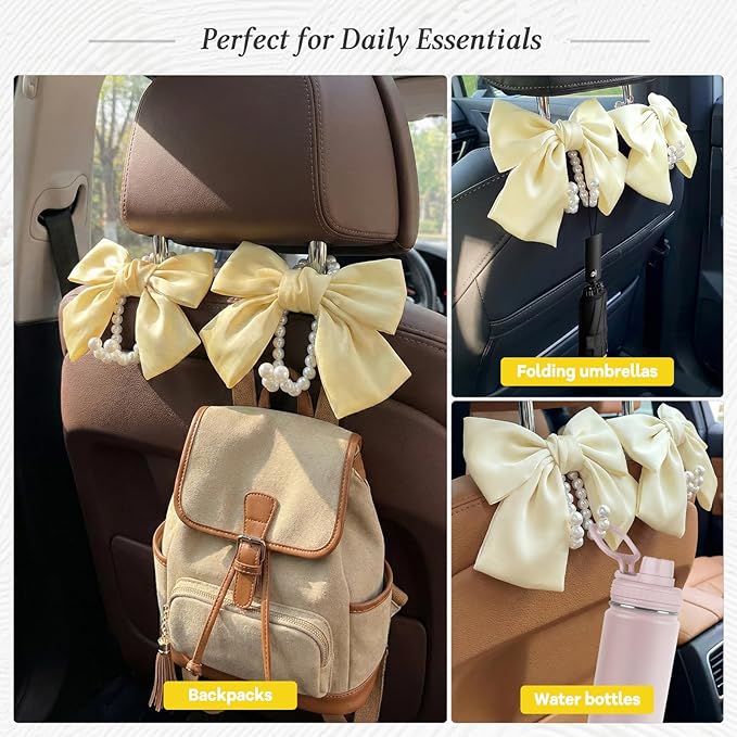 2PCS Satin Bow Pearl Car Seat Headrest Hooks – Car Bag Holder & Vehicle Hanger for Purses – Cute Coquette Aesthetic Interior Decoration – Cute Auto Organizer Accessories Universal (Pearl White)