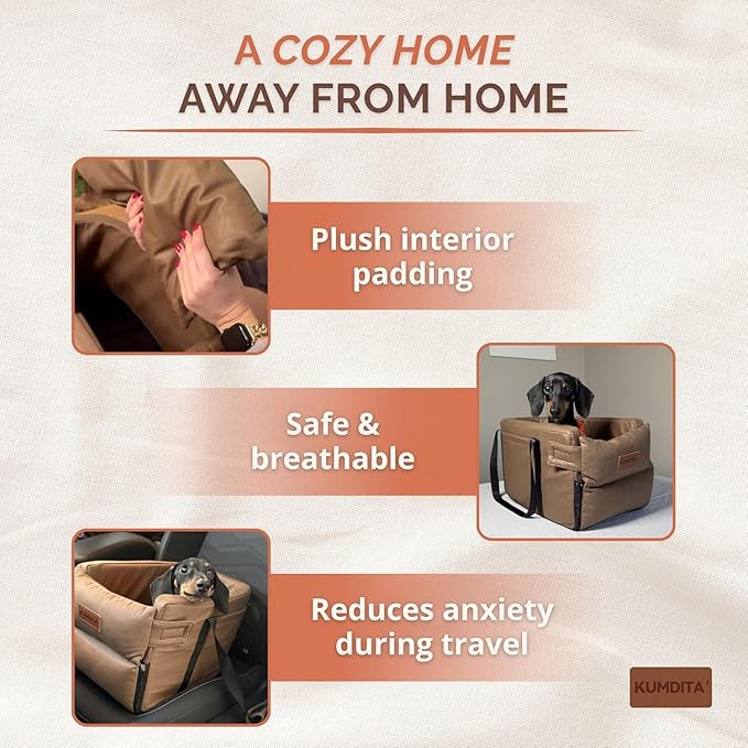 Kumdita Soft Console Dog Car Seat & Carrier for Extra Small Dogs (6–12 lbs). Cozy Center Console Pet Bed for Short Trips. Includes Safety Tether (Brown)