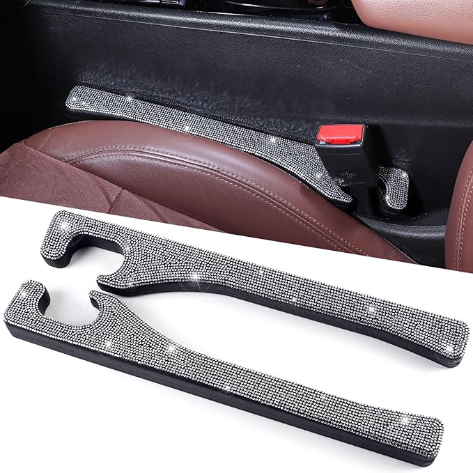 Briwill Bling Car Seat Gap Filler, 2 Pack Universal Fit for Car SUV Truck Handmade Crystal Rhinestone Diamond Car Gap Filler Bling Car Accessories for Women(Silver)