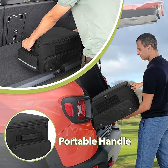 Golf Trunk Organizer Storage with Separate Compartment for 2 Pair Shoes Up to US Mens 16, Golf Car Locker Organizer for Balls, Tees, Clothes, Gloves, Accessories, Black