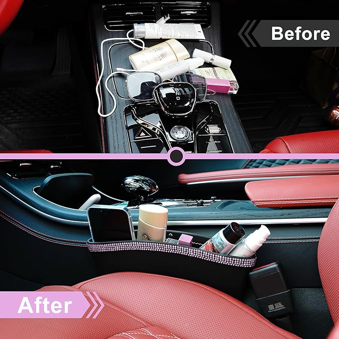 eing 2 in 1 Car Seat Gap Organizer, Front Car Seat Crevice Storage Box, Car Seat Gap Filler with Crystal Diamonds, Adjustable Storage Pocketsfor Glasses, Keys and Phones, 2 - Pack Pink