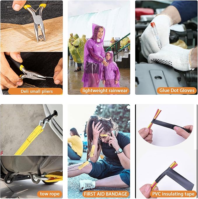 LIANXIN Car Emergency Roadside Tool Kit, Auto Emergency Kits Vehicles, with Jumper Cables kit，Car Safety Roadside Assistance Kit,Headlamp,Tow Straps,Needle Nose Pliers,Rainwear,Gloves.Matcha Green