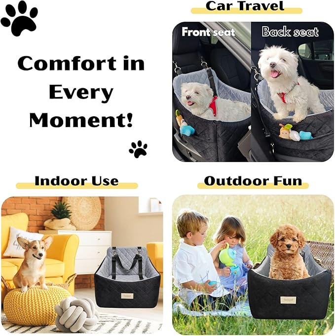Dog Car Seat for Small/Medium Dogs up to 35 lbs, Memory Foam Booster Seat with Washable Cover, Storage Pockets & Safety Belts, Travel Pet Bed for Front & Back Seat