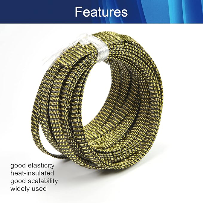 Aicosineg 32.81ft PET Flexible Braided Cable Sleeve 0.4inch Width Wire Loom Sleeving and Organizer Flexible Wire Mesh Sleeve Wrap Protector for TV Audio PC Cords from Pets Chewing Black and Gold