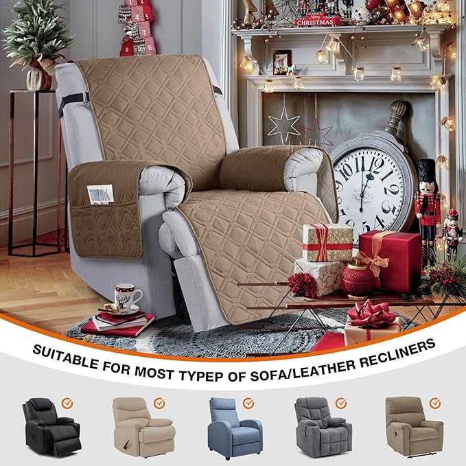 VANSOFY 100% Waterproof Recliner Chair Covers, Recliner Cover Non-Slip Dog Chair Cover Furniture Protector Washable Slipcover with Pocket, Elastic Straps for Pets, Dogs(Light Brown, 30")