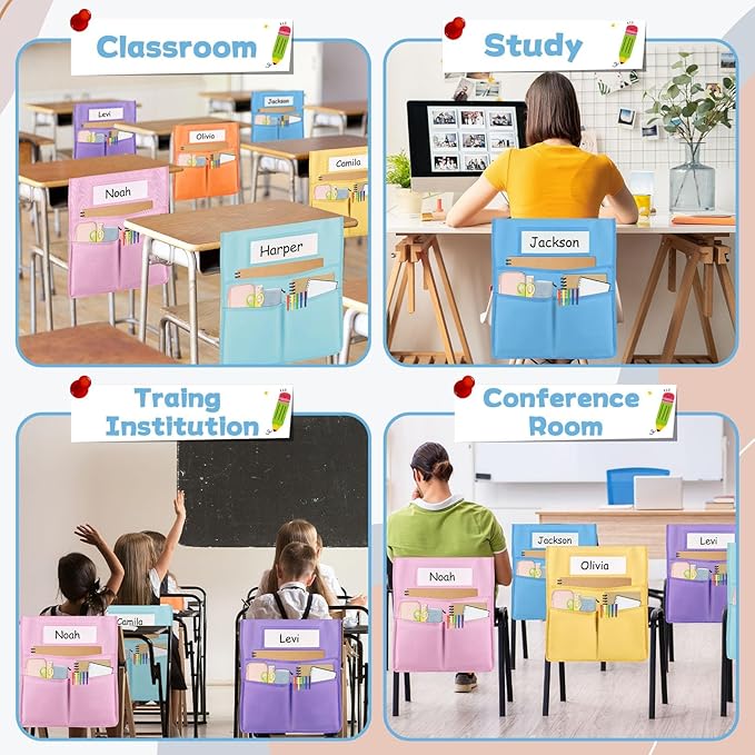 gisgfim 9 Pcs Chair Pockets for Classroom 19 x 17 inch Seat Sacks for Classroom Chairback Pocket Chart 3 Pockets Chairs Seat Back Organizer with Name Tag for School Home Classroom Supplies(Boho)