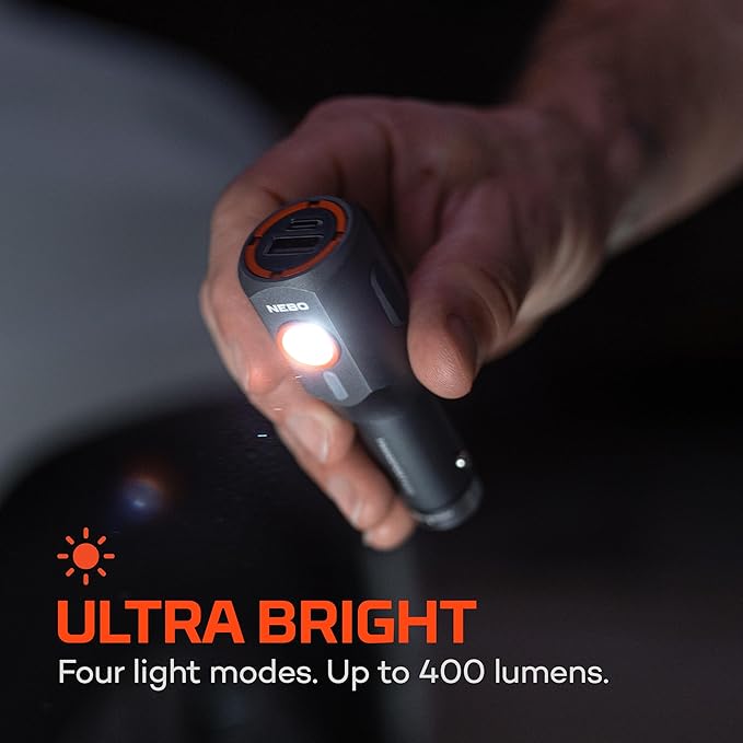 NEBO TRANSPORT 400 2-In-1 Car Charger & Flashlight | 400 Lumens, 6 Light Modes, Compact LED Light, Magnetic Pocket Clip, Waterproof, Emergency Glass Breaker, 12V DC or USB-C Rechargeable