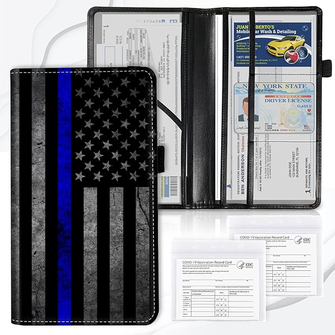 Car Registration and Insurance Card Holder, Premium Leather Vehicle Wallet Cover for Glove Box Car Organizer Drivers License / Cards / ID - Essentials Document Holder, Thin Blue Line American Flag
