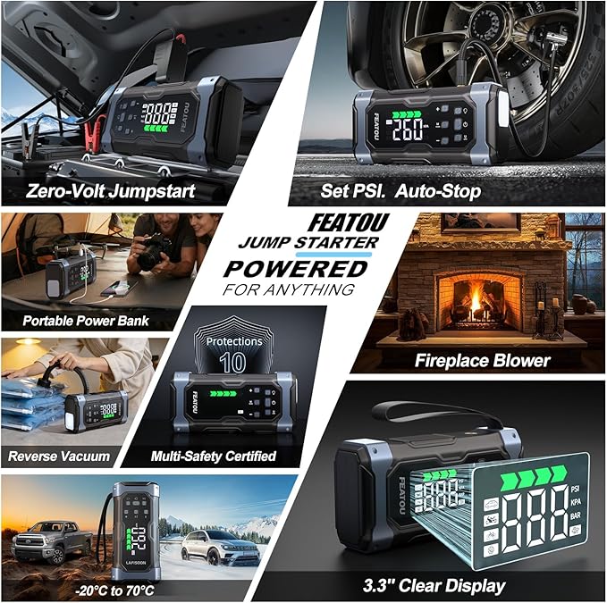 High-Power 9000A Jump Starter with Air Compressor, 12V Car Battery Jump Starter, Portable Jump Box for Car(All Gas/14L Diesel) with Tire Inflator, 30W Fast Charge, Forced Boost, Smart Battery Jumper