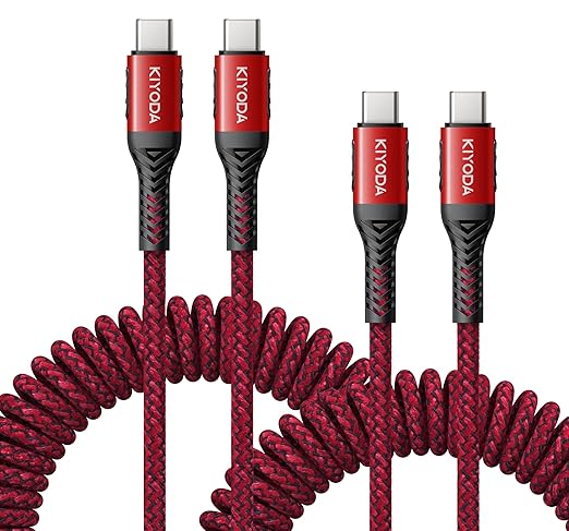 Coiled USB C Cable 6FT, 2Pack USB C to USB C Cable for Car 66W USB-C Fast Charging Cord Braided USB C to C Cable for iPhone 17 16 15, iPad, Samsung Galaxy, Google Pixel and More USB C Device-Red