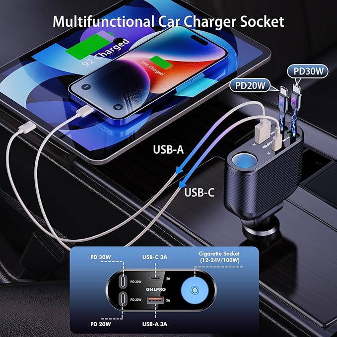 OHLPRO Retractable Car Charger Cigarette Lighter Adapter, 168W 5 in 1 Fast Phone Charging Built-in Replaceable Fuse, Socket Splitter with USB C and USB i Cord, Fit for Phone iPad Galaxy GPS, Grey