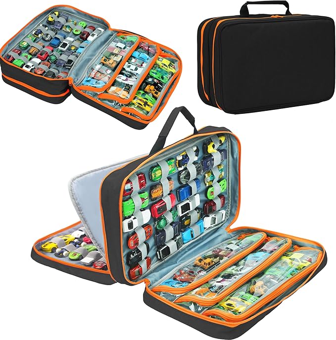 KISLANE Toy Car Storage Case with Elastic Bands and PVC Compartments - Holds 105 Diecast Cars, Matchbox Cars Storage Case, Portable Carrying case with Zipper Pockets (Black)