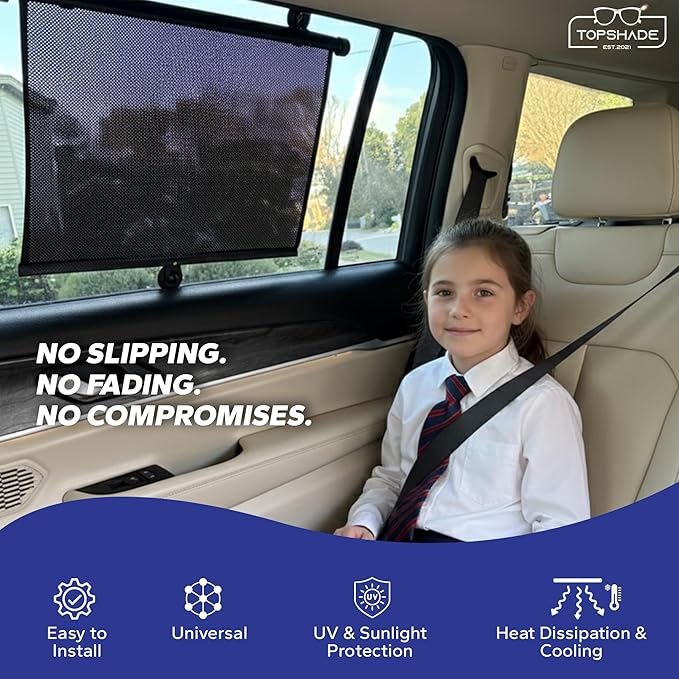 TopShade Car Window Roller Shade - Retractable Auto Side Window Sun Shade for Cars, Trucks, SUVs - UV Protection & Heat Blocker - Baby & Pet Safe - Easy Install (2 Pack, Medium, Black)