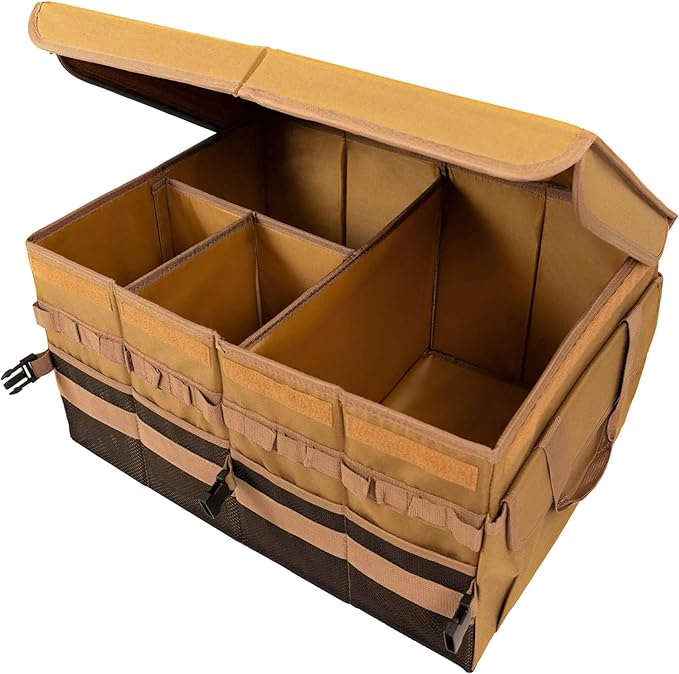 Trunk Organizer Wiith Lid For SUV Truck, Car Trunk Organizer, Truck Bed Organizer, Large, Brown, 4-Compartments With Handle