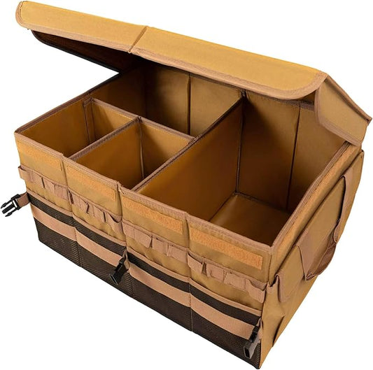 Trunk Organizer Wiith Lid For SUV Truck, Car Trunk Organizer, Truck Bed Organizer, Large, Brown, 4-Compartments With Handle