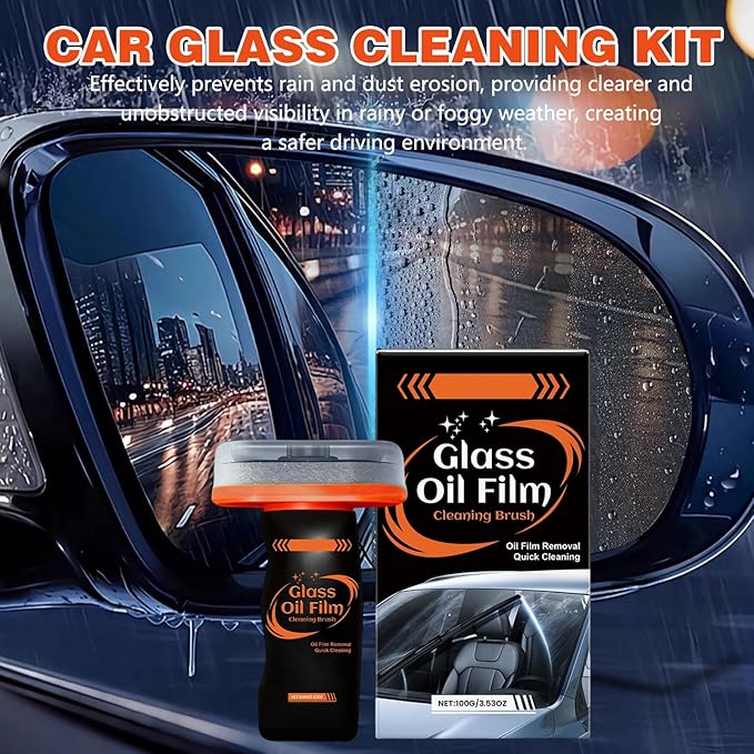 2pcs Glass Oil Film Remover for Car, Glass Emulsion Cleaner, 100ml Roll-On Glass Compound with Cleaning Board, Removes Oil Film & Smudges, Oil Film Cleaning Brush for Car Windows
