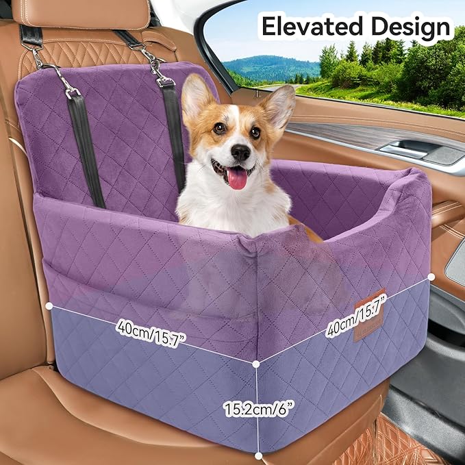 GL GLENSLAVE Dog Car Seat for Small/Medium Dogs Under 35lbs,Memory Foam Dog Booster Seats,Detachable and Washable Traval Pet Car Seat, Dogs Bed with 2 Safety Belts (Purple)