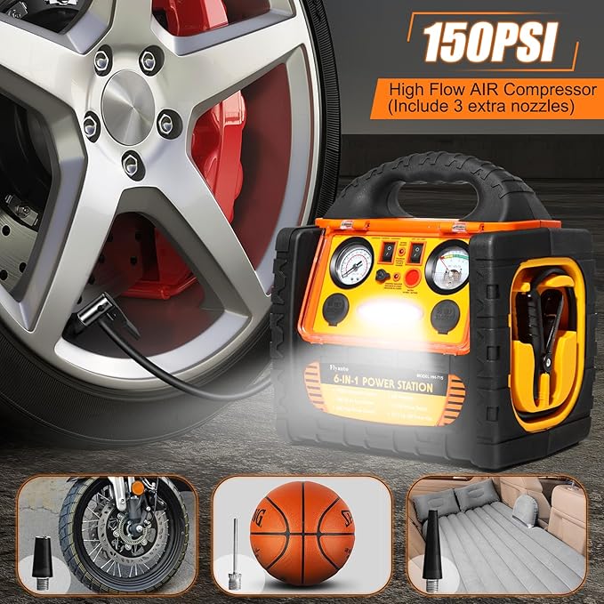 Jump Starter with Air Compressor 150PSI, Upgraded 2200A Peak 6 in 1 Portable Car Battery Booster, 12V Jump Box with 400W Inverter & AC/DC/USB Ports, for Up to 8.5L Gas/8.0L Diesel Engine