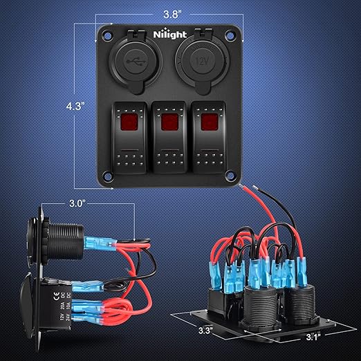 Nilight ３ Gang Rocker Switch Panel with USB Charger and Cigar Lighter Red Night Glow Stickers12V 24V Toggle ON Off for Cars Rvs Trucks