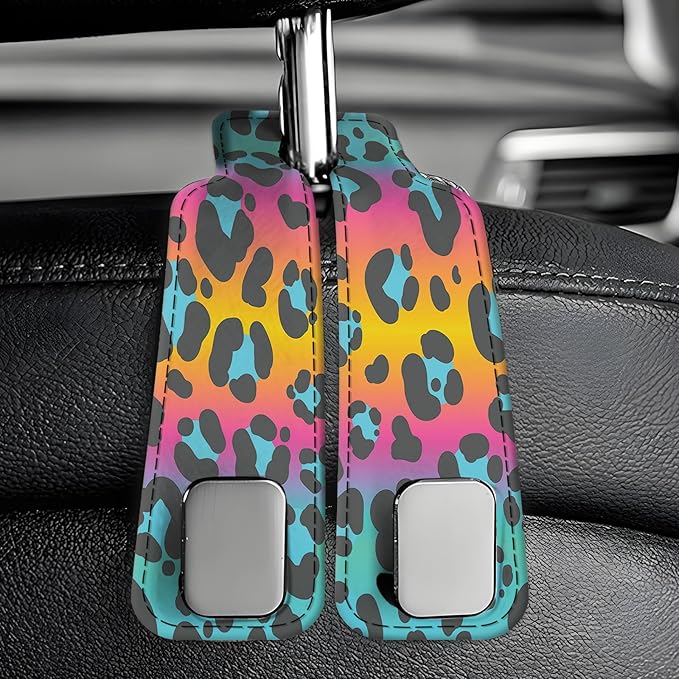 Car Seat Back Storage Headrest Hook, Premium Leather Double Metal Hook, Hanger Storage Organizer for Purse Cloth Bag, Car Interior Accessories Colorful Cute Leopard