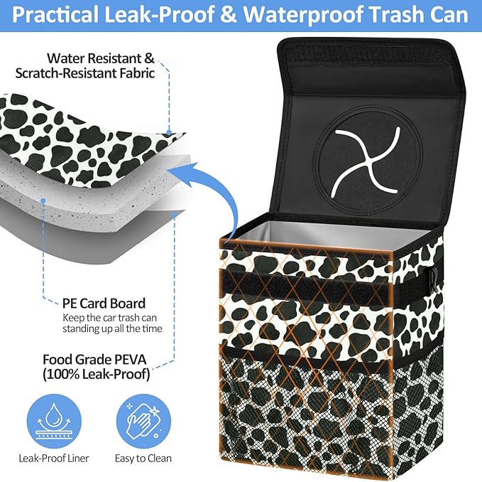 ELONGRIVER Car Trash Can Bin for Back Seat Leak Proof, Cute Car Trash Bag Hanging, Vehicle Trash Can for SUV Truck Van, Automotive Garbage Cans Front Seat Cow Print