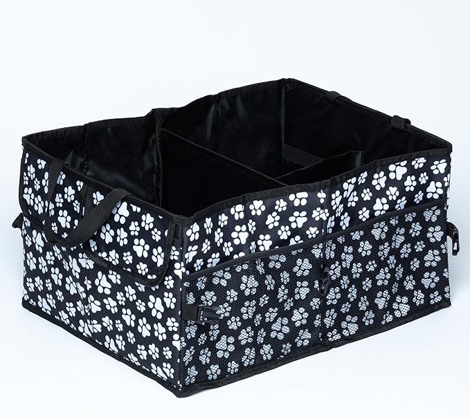 GreaterGood Collapsible Paw Print Car Trunk Organizer with 6 Pockets Truck SUV and Sedan Caddy With Compartment Vehicle Storage Container (Paws Galore - Black & White)