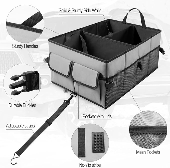 UYYE Auto Collapsible Trunk Organizer, 3 Large Compartments and 6 Pockets Durable for Cargo Storage, Easy to Storage Tools With Adjustable Securing Straps and Non-Slip Bottom for Car (Grey)