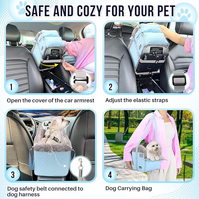 SlowTon Console Dog Car Seat - Portable Center Dog Car Seat for Small Dogs up to 9 lbs, Washable Pet Carseat with Soft Cushion Safe Protection Hooks & Storage Pocket, Blue
