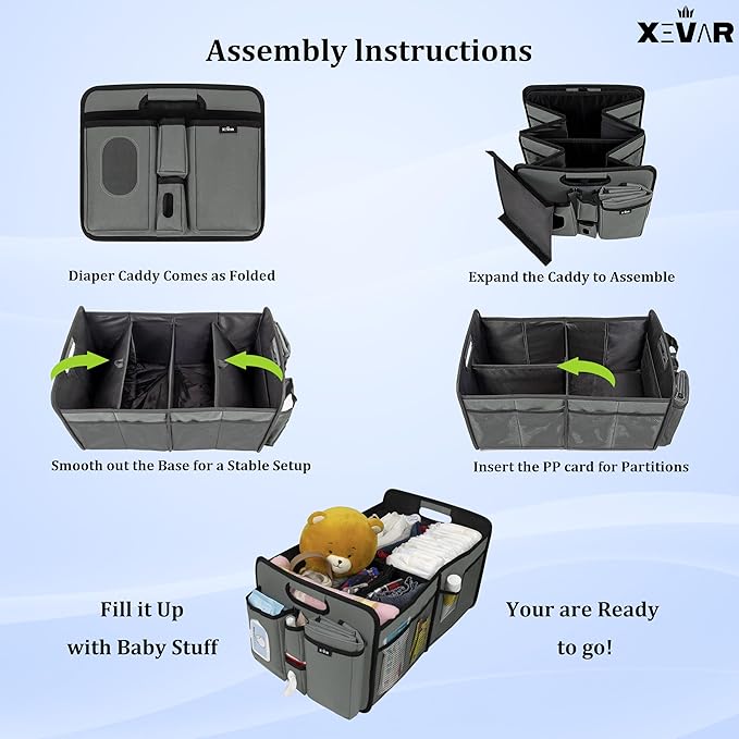 Baby Diaper Caddy Organizer with Changing Mat - Portable Car Caddy for Newborn Essentials, Diapers & Wipes, Perfect for Baby Shower and New Mom | Oxford Fabric, Grey