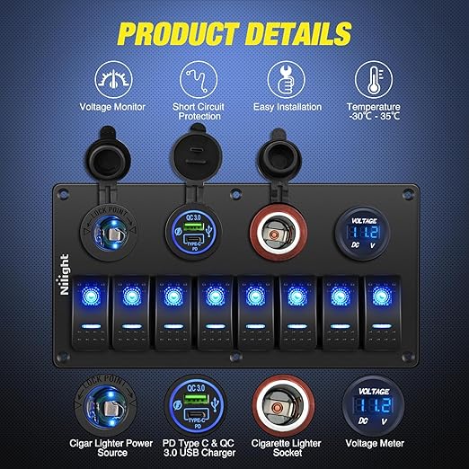 Nilight 8 Gang Rocker Switch Panel Waterproof Aluminum Marine with PD Type C & USB Charger Cigarette Lighter Socket Voltmeter Inline Fuse 12V 24V ON Off Pre-Wired Switches for Car Truck Boat