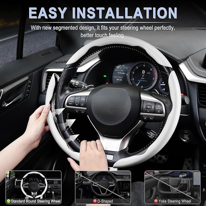 Amiss 3pcs Carbon Fiber Anti-Skid Steering Wheel Cover, Waterproof & Segmented Butterfly Design, Universal 99% Vehicle Wheel Cover Protector, Car Interior Accessories (White-3pcs)