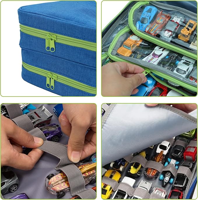 KISLANE Toy Car Storage Case with Elastic Bands and PVC Compartments - Holds 105 Diecast Cars, Matchbox Cars Storage Case, Portable Carrying case with Zipper Pockets (Blue)
