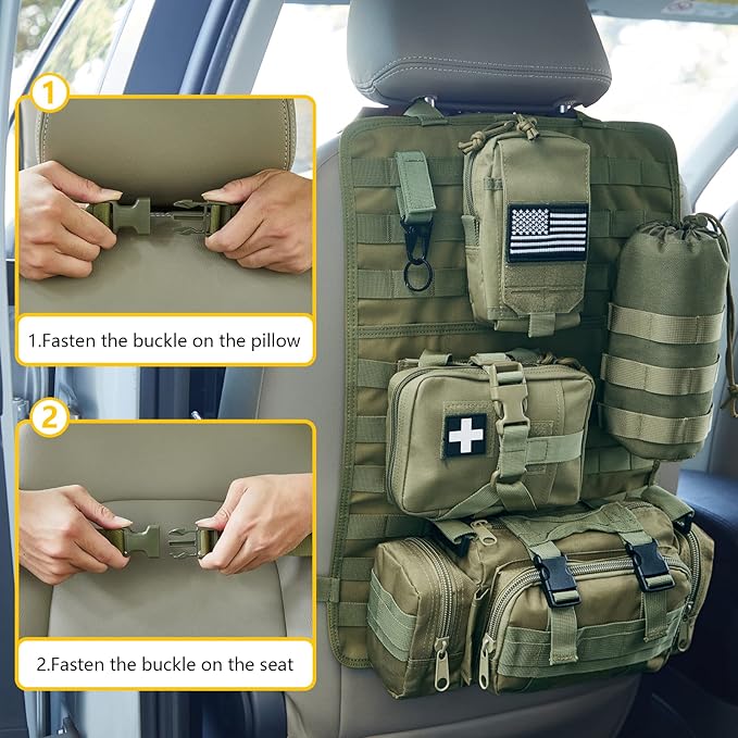 BXBXHD Universal Tactical Car Seat Back Organizer Bag - Molle Vehicle Organizers Panel with 4 Detachable Pouches (Military Green)