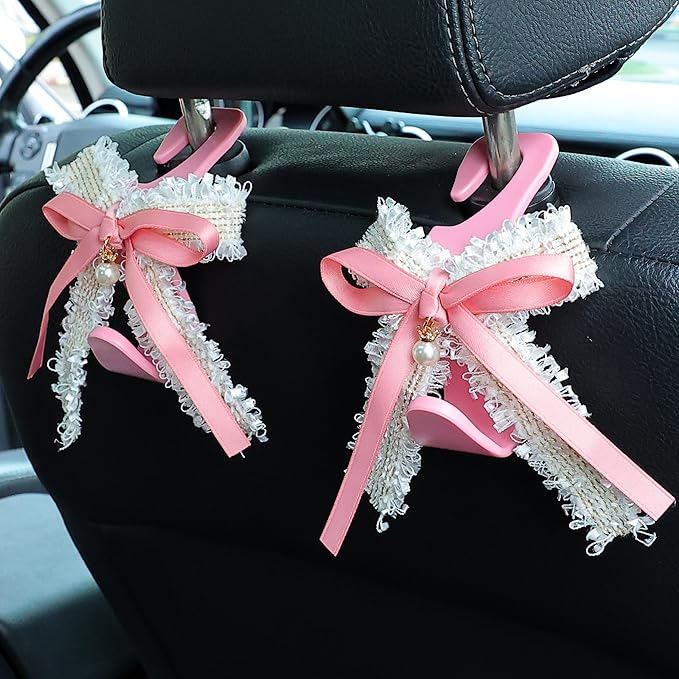 Amooca Car Seat Headrest Hook Cute Bowknot Vehicle Hanger Car Storage Organizer for Handbag Purse Coat Grocery Bag Pink White