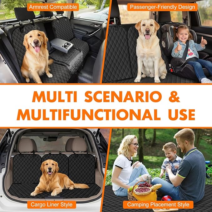 Dog Car Seat Cover for Back Seat - Waterproof, Non-Slip, Pet Bench Seat Covers, with 60/40 Split Bench Fit, Universal Size for Sedans, Trucks & SUVs, Machine Washable, Non-Stick Fur & Durable, M-Black