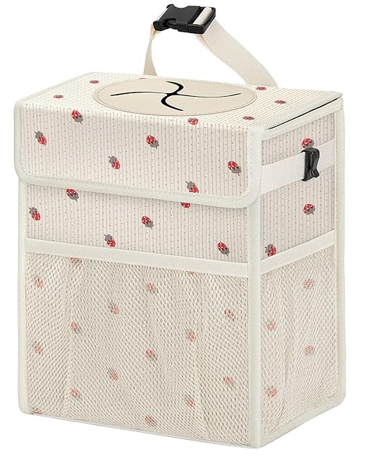 Corduroy Car Trash Can with Lid and Mesh Pockets - Leakproof Organizer,Multipurpose Waterproof Garbage Can/Trash Bin for Car(Off-White Base with Red Strawberry Print-2 Gallons)