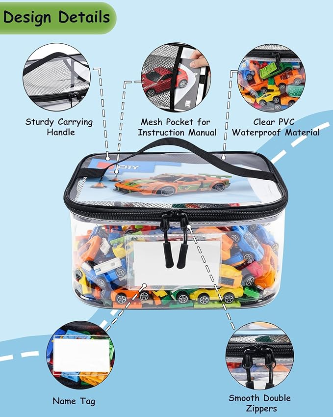6 Pack Extra Large Clear Toy Storage Bags with Tag & Pocket – Versatile Waterproof Organizer Bags for Lego Bricks, Board Games, Building Blocks, Puzzles, Dolls, Books (Mixed Sizes-Black-6 Pack)